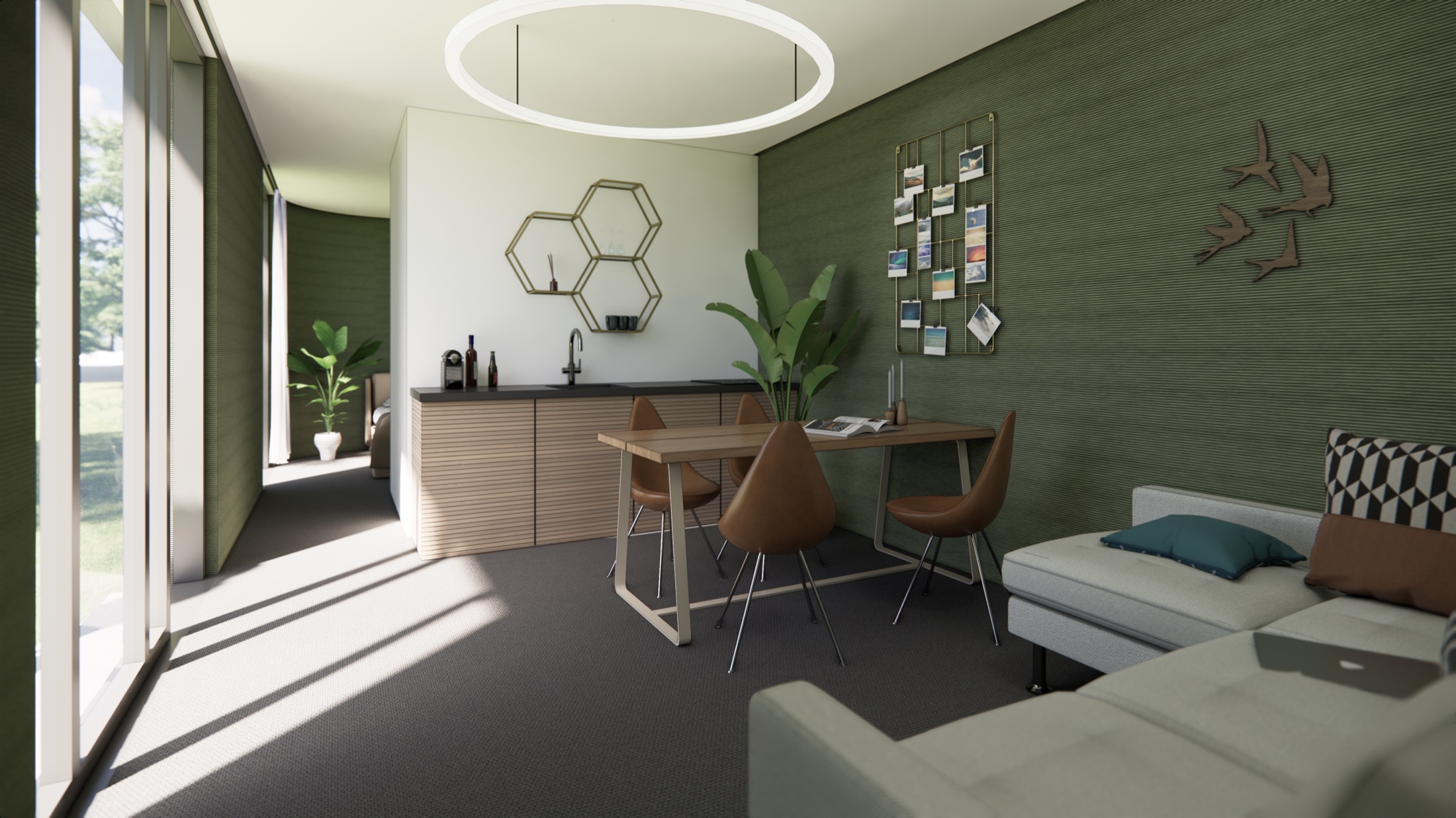 Interieur Silva Villa met groene wand en houten keuken