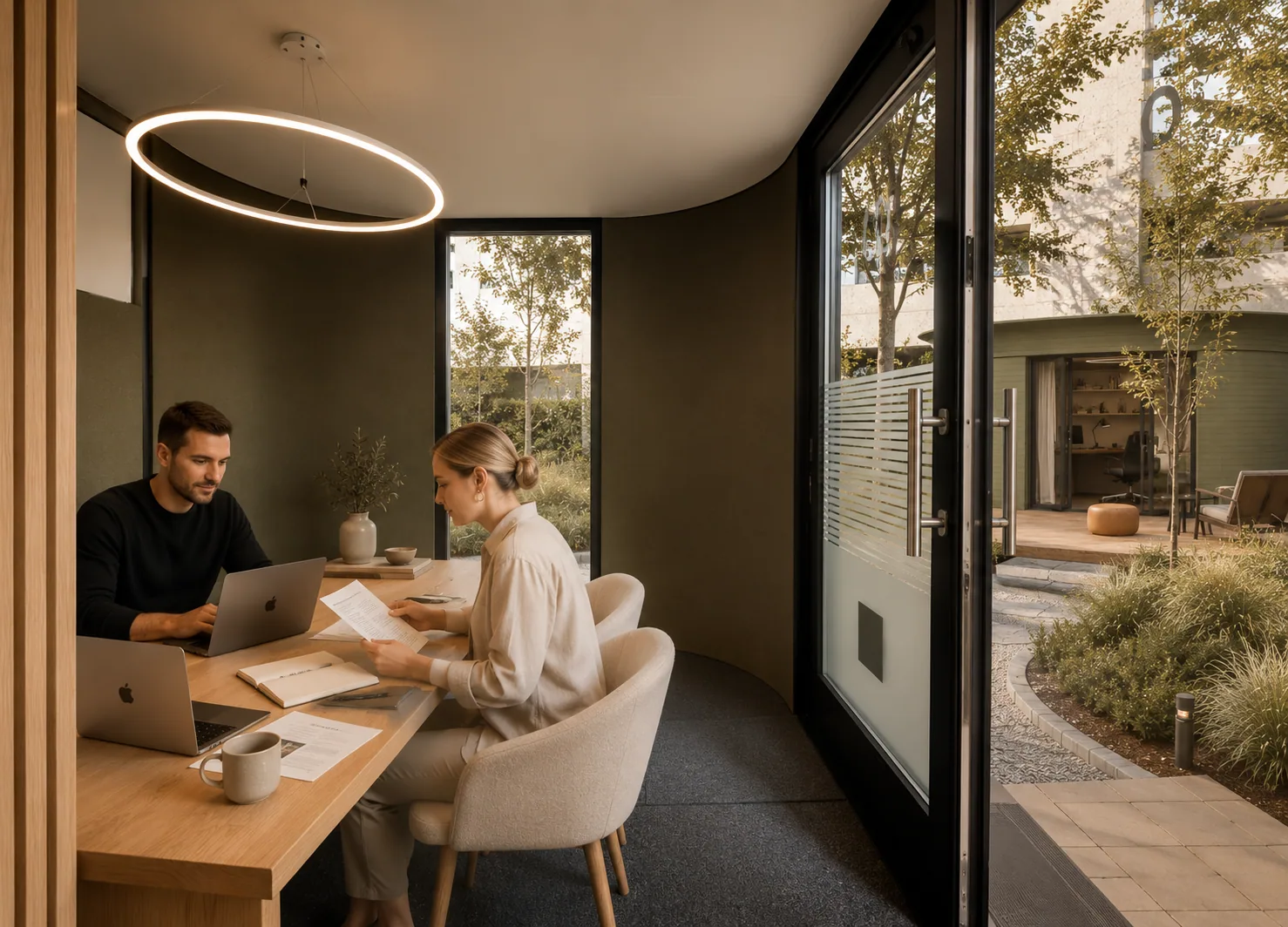 Silva Focus werkruimte met twee personen aan tafel en uitzicht op de tuin
